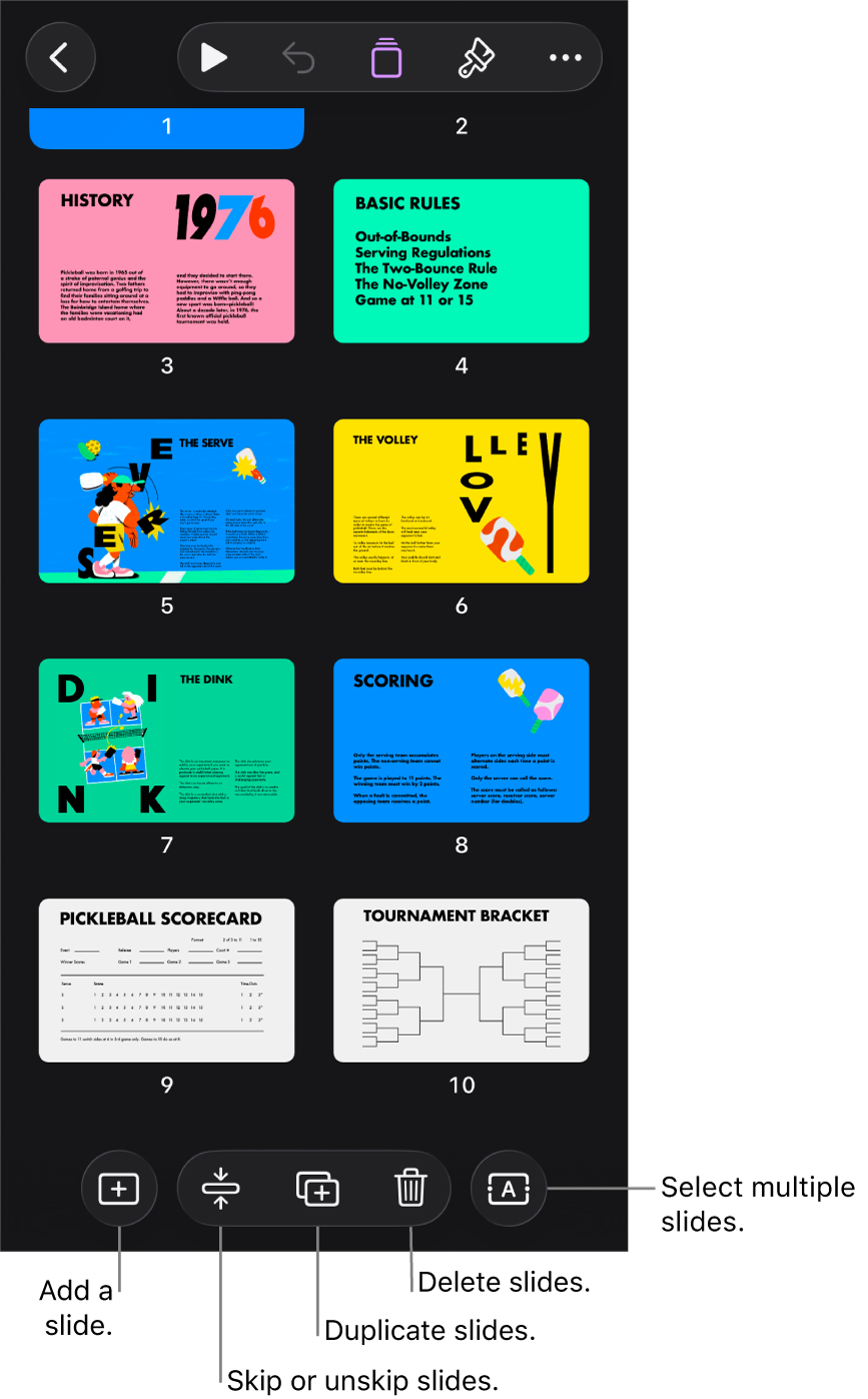 Light table view with buttons at the bottom of the screen for adding, skipping, duplicating and deleting slides, and for selecting multiple slides.