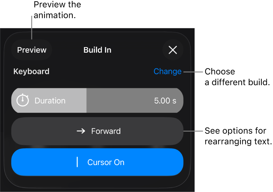 Build In options include Duration, Text Animation and Delivery. Tap Change to choose a different build, or tap Preview to preview the build.