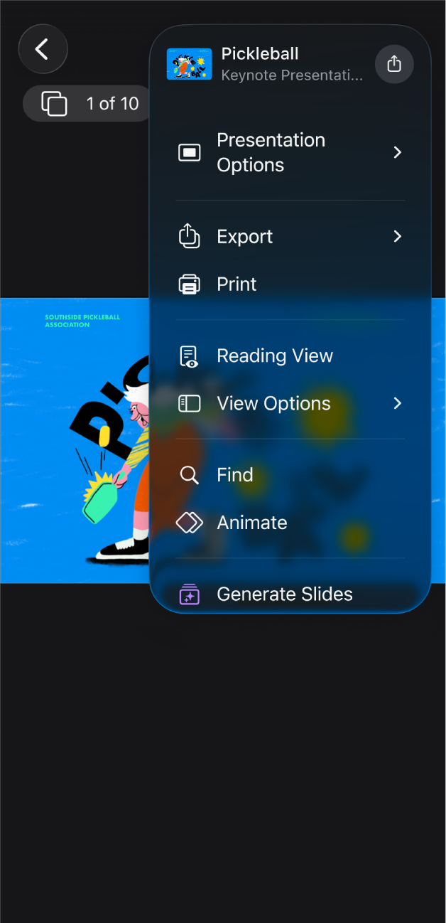 The Keynote app with the Export options open in the More menu in the toolbar.