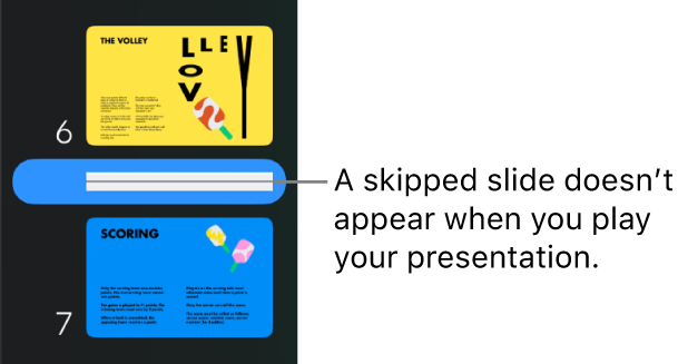 The slide navigator with a skipped slide showing as a horizontal line.