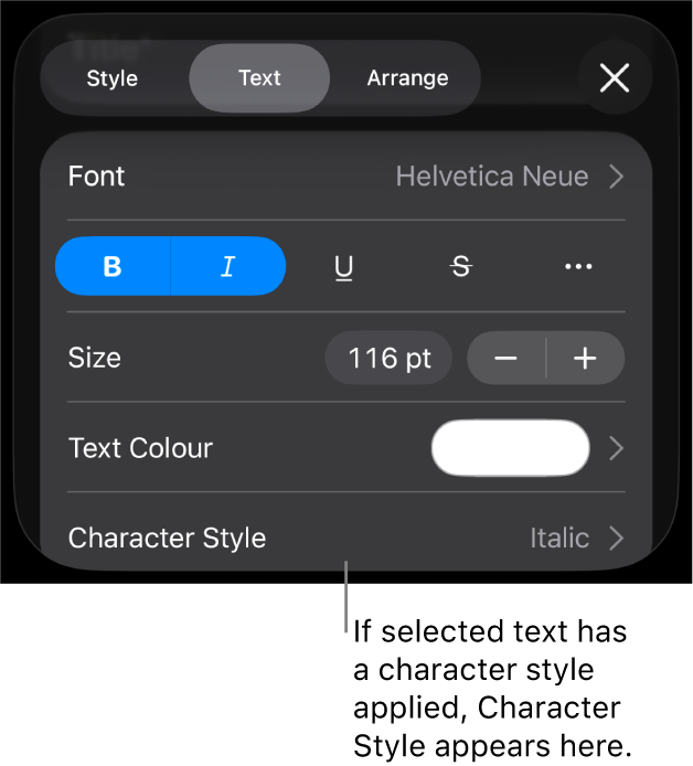 The Text formatting controls with Character Style below the Colour controls. The character style None appears with an asterisk.