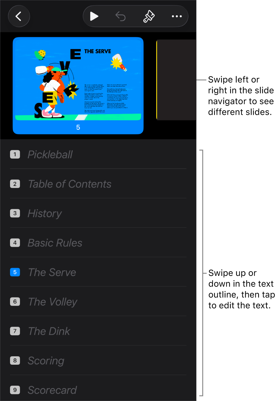 Outline view with the horizontal slide navigator at the top of the screen, and a text outline of a presentation at the bottom.