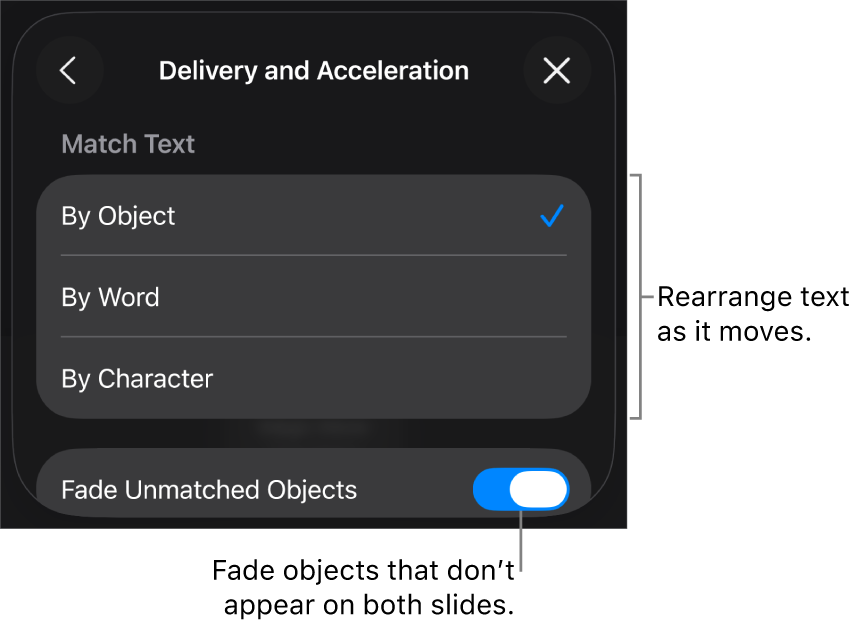 Magic Move delivery and acceleration options in the Acceleration pane.