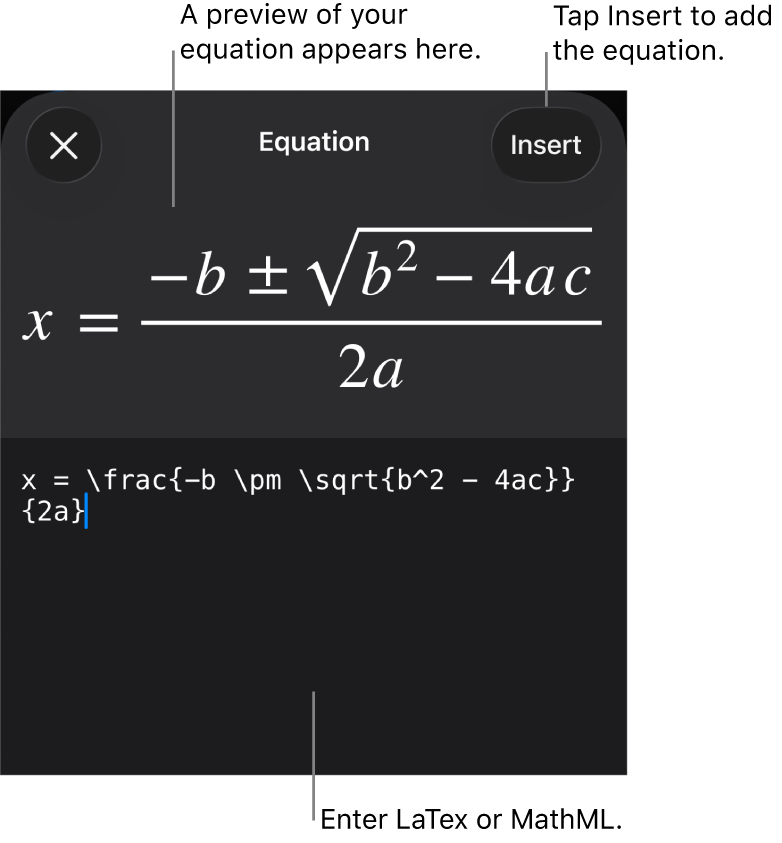 The Equation dialogue, showing an equation written using MathML commands, and a preview of the formula above.