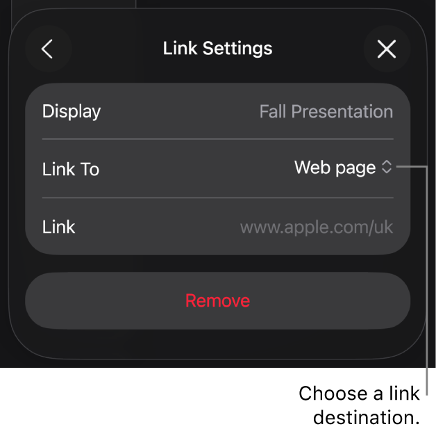 The Link Settings controls with Web Page selected, and the Remove button at the bottom.