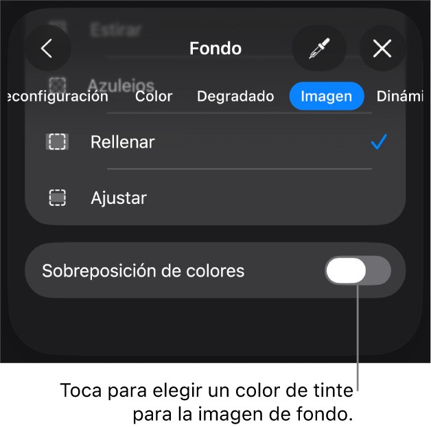 Los controles Fondo con una imagen establecida como fondo de la diapositiva y el control Sobreposición de colores en la parte inferior.