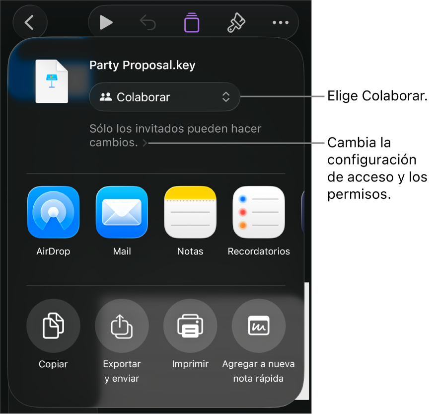 El menú Compartir con la opción Colaborar seleccionada en la parte superior, y la configuración de acceso y permisos debajo.