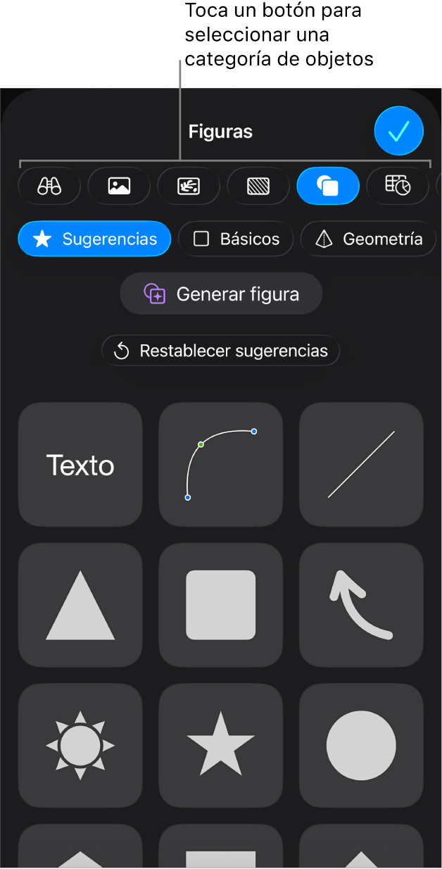 Los controles para agregar un objeto, con botones en la parte superior para seleccionar tablas, gráficas, figuras (líneas y cuadros de texto incluidos) y contenidos.