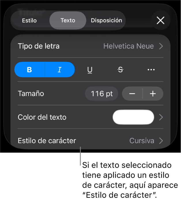 Los controles de formato de texto con “Estilos de carácter” debajo de los controles de color. El estilo de carácter Ninguno aparece con un asterisco.