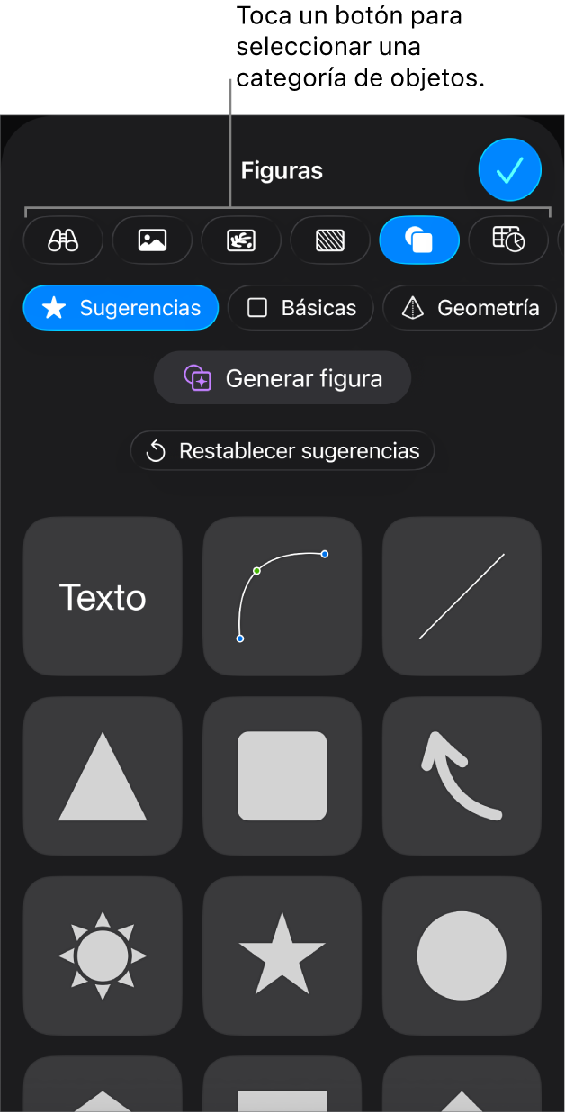 Los controles para añadir un objeto, con botones en la parte superior para seleccionar tablas, gráficas, figuras (líneas y cuadros de texto incluidos) y contenidos.
