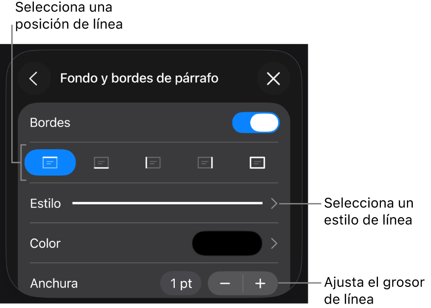 Controles para cambiar el estilo de línea, grosor, posición y color.