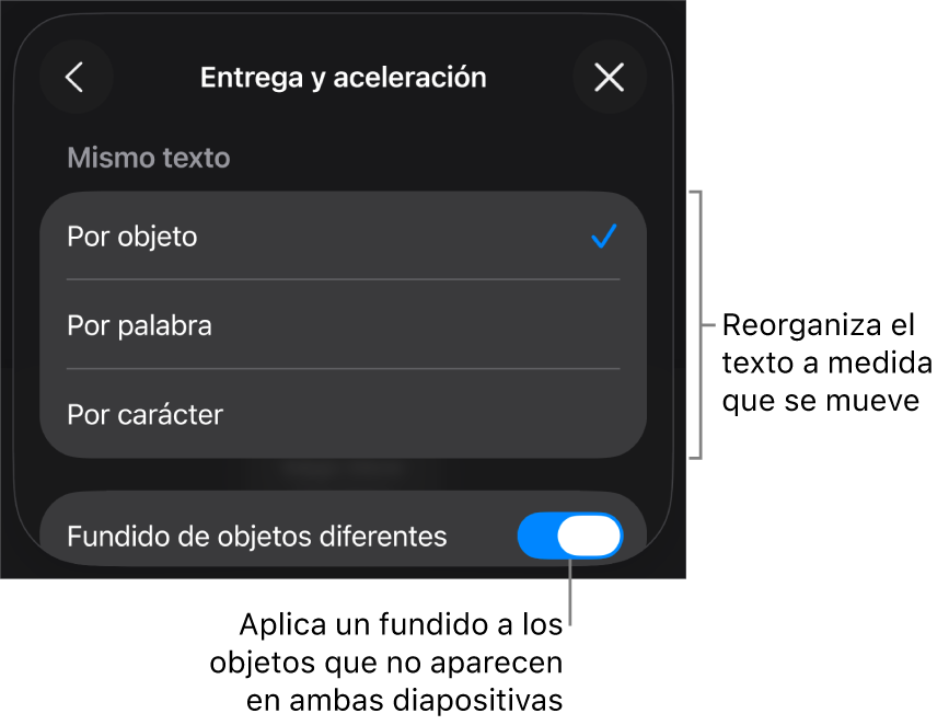Opciones de entrega y aceleración de “Movimiento mágico” en el panel Aceleración.