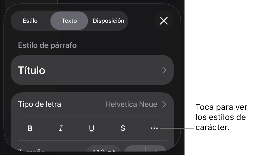 Los controles de Formato con los estilos de párrafo en la parte superior y, después, los controles de “Tipo de letra”. Debajo de “Tipo de letra” están los botones Negrita, Cursiva, Tachado y “Más opciones de texto”