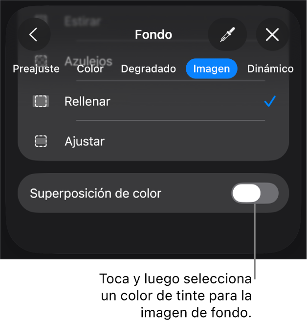 Los controles de Fondo con una imagen establecida como el fondo de la diapositiva y el control “Superposición de color” en la parte inferior.