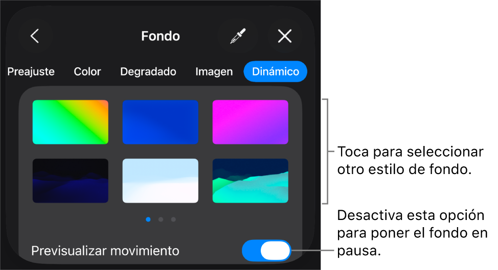 Los controles de fondo dinámico con las miniaturas de estilo de fondo y el botón «Previsualizar movimiento».
