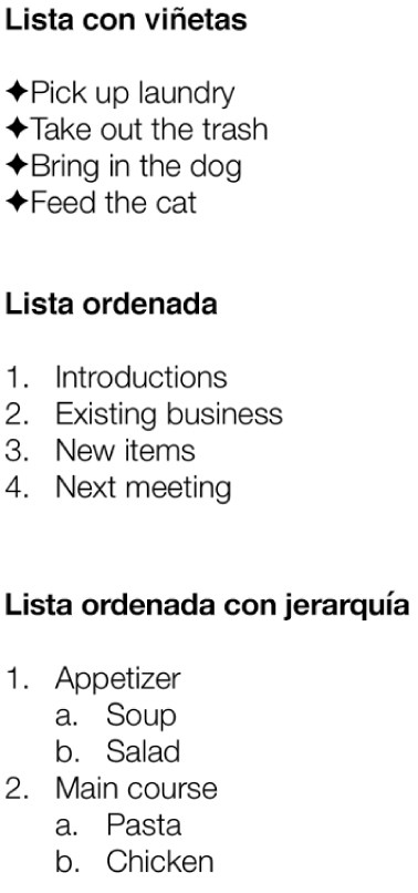 Ejemplos de listas con viñetas, ordenada y jerárquica.