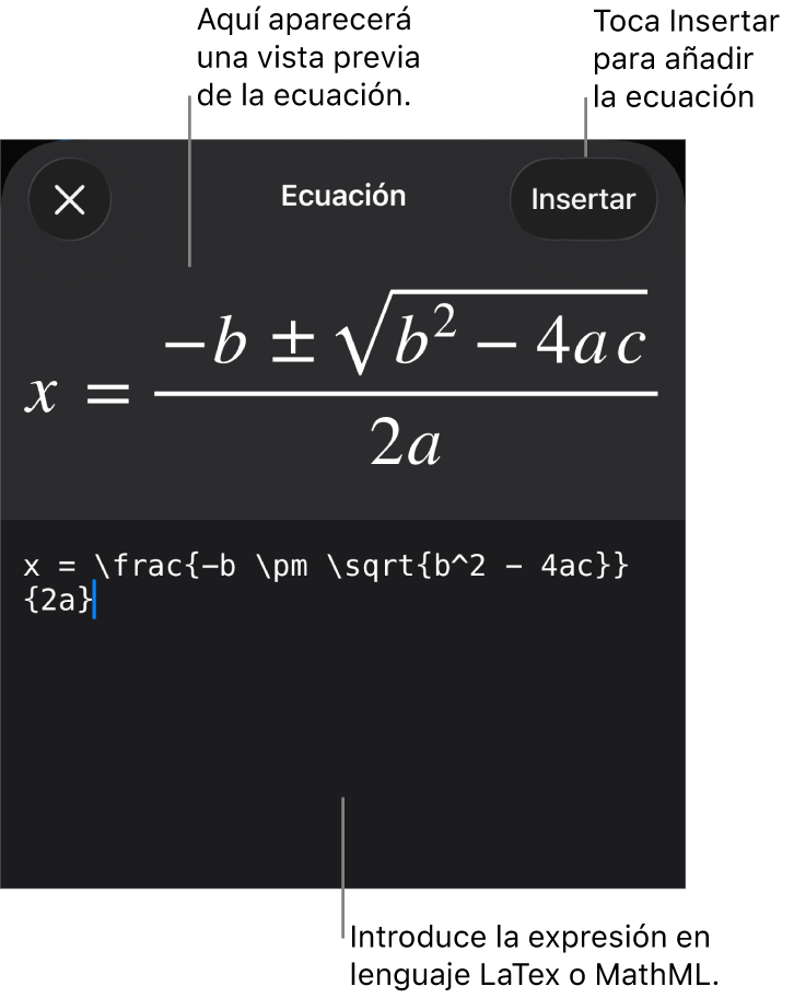 El diálogo Ecuación con una ecuación escrita con comandos de MathML y una previsualización de la fórmula encima.