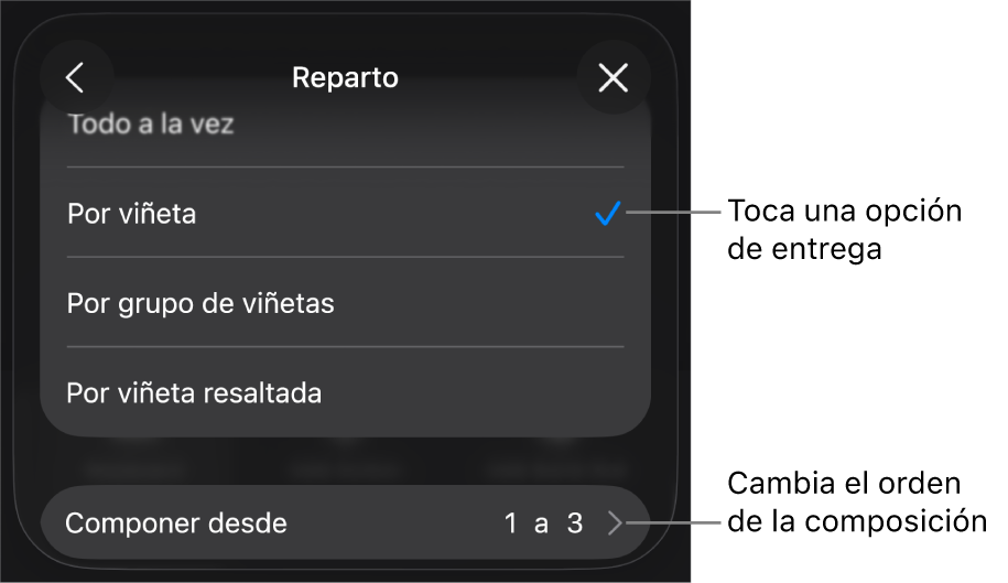 Opciones de Entrega en el panel Entrada.