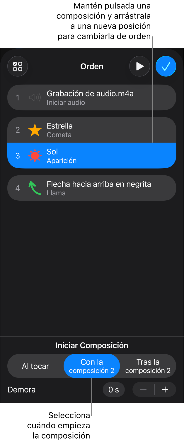 La lista “Orden de composición” mostrando los efectos de entrada con indicaciones amarillas y los de salida con indicaciones grises.