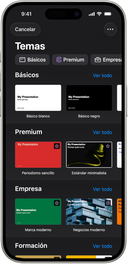 &nbsp;El selector de tema, mostrando una fila de categorías a lo largo de la parte superior que puedes tocar para filtrar las opciones. Debajo hay miniaturas de temas prediseñados organizados en filas por categorías.