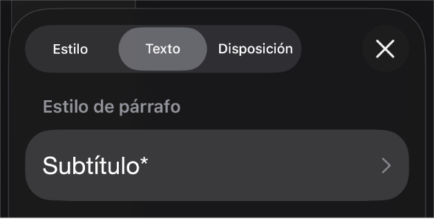 Un estilo de párrafo con un asterisco junto a él y un botón Actualizar a la derecha.