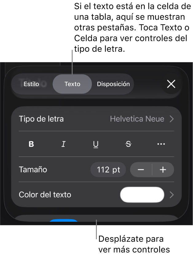 Controles de texto en el menú Formato para configurar los estilos de párrafo y carácter, tipo de letra, tamaño y color.