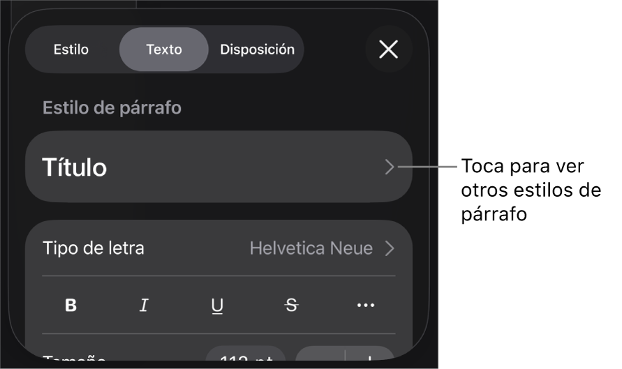 El menú Formato, que muestra controles de texto para configurar los estilos de párrafo y carácter, tipo de letra, tamaño y color.