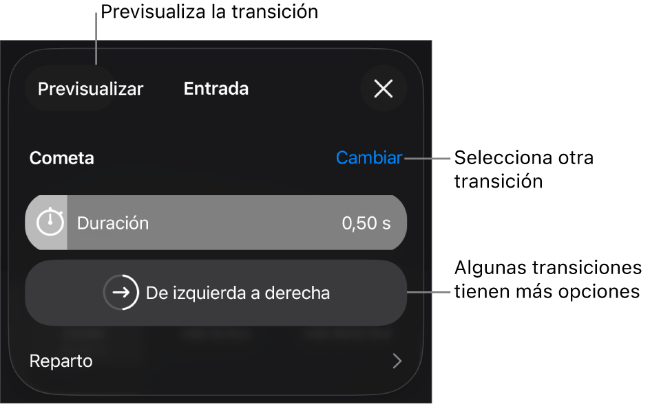 Controles del panel Opciones para modificar una transición.