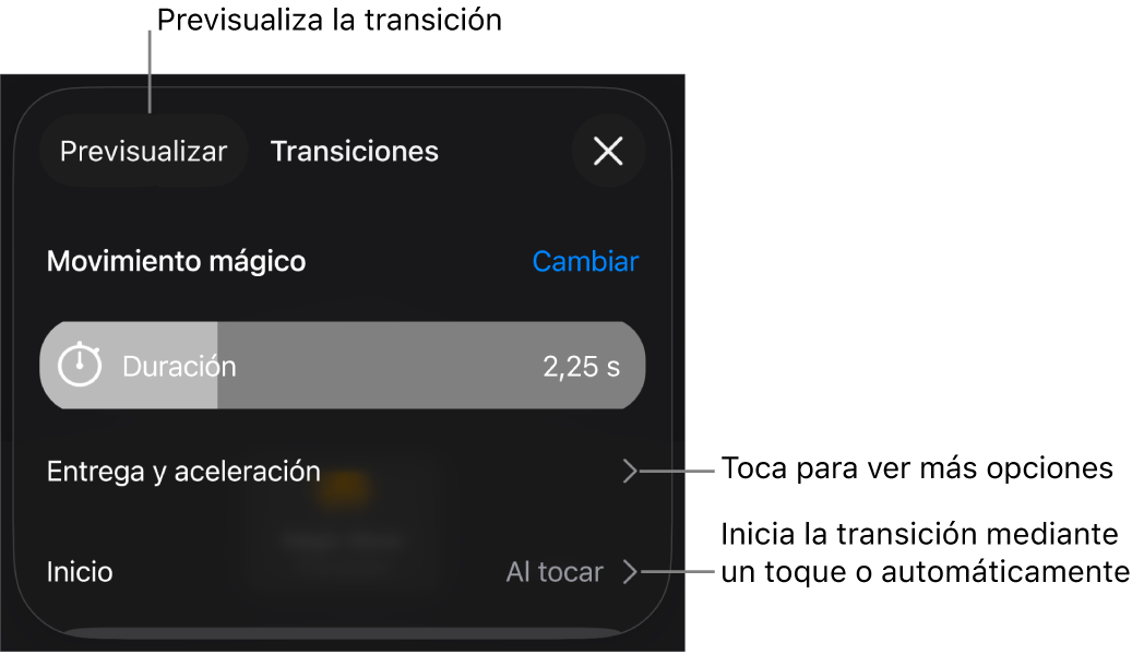 Controles de “Movimiento mágico” en el panel Transiciones.