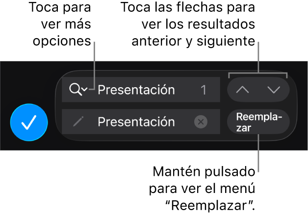 Los controles de “Buscar y reemplazar” encima del teclado con los botones Reemplazar, Arriba y Abajo y una flecha para “Opciones de búsqueda”.