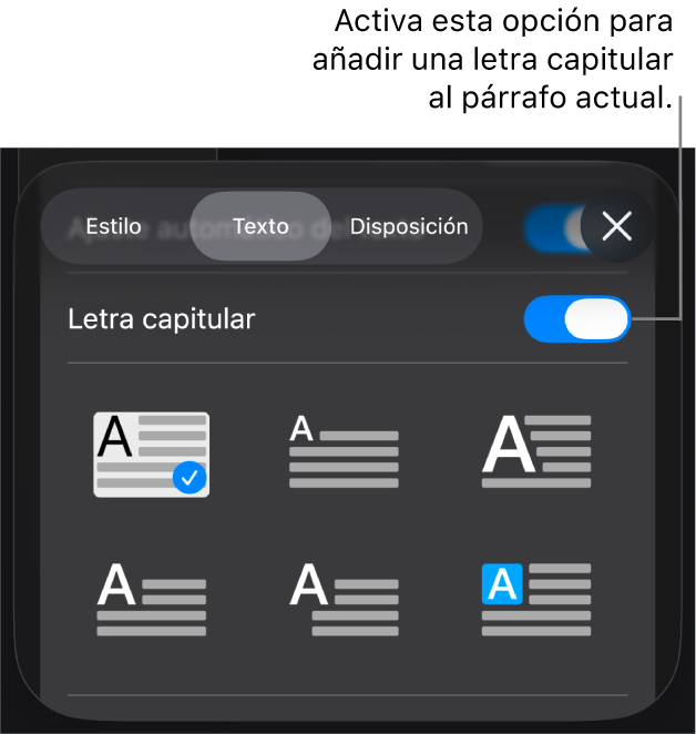 Los controles de “Letra capitular” situados en el menú Texto.