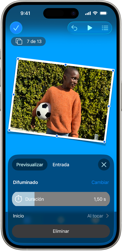 Controles de animación para la imagen seleccionada en la diapositiva. En la parte inferior de la pantalla hay controles para el efecto de entrada que se está usando.