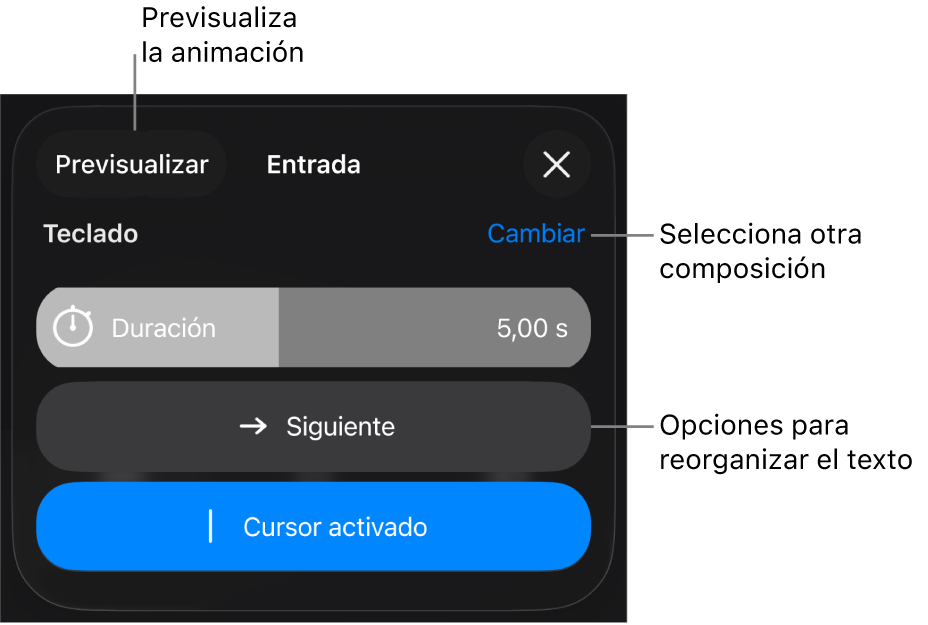 Las opciones de composición incluyen Entrada, Animación del texto y Entrega. Toca Cambiar para seleccionar otra composición o toca Previsualización para previsualizar la composición.