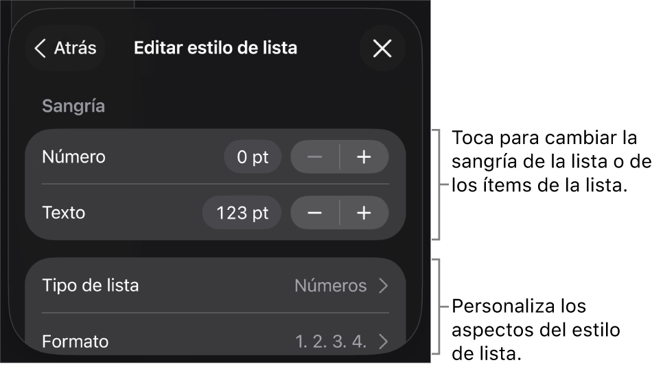 Menú “Editar estilo de lista” con controles para editar el tipo de lista y su apariencia.