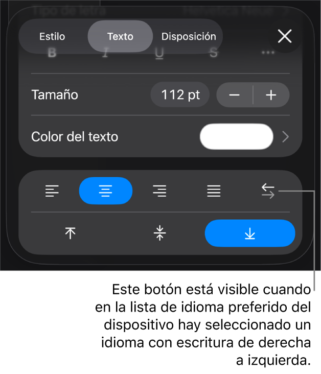 Controles de texto del menú Formato con una llamada al botón “De derecha a izquierda”.