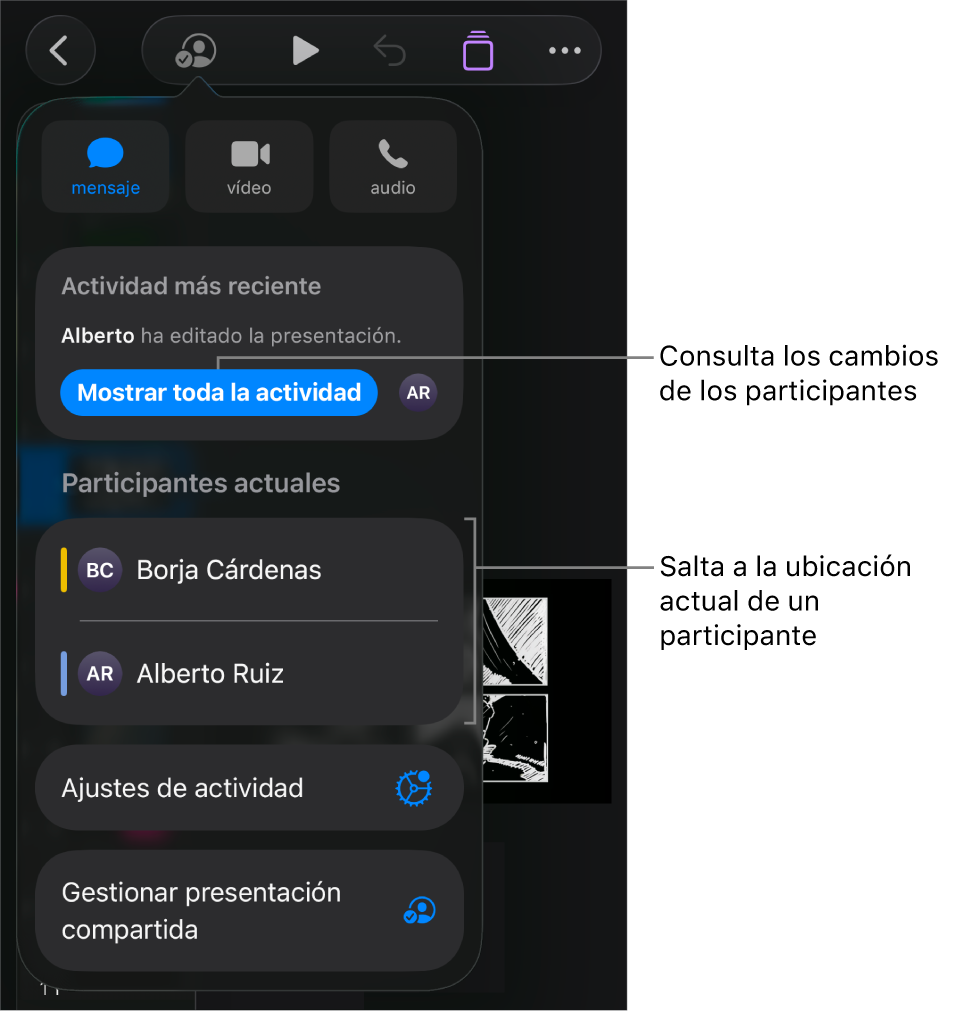 El menú de colaboración con los participantes actuales.
