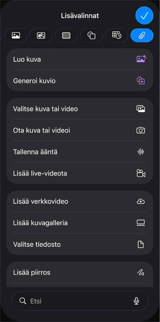 Media-valikko, jossa näkyvät painikkeet eri mediaobjektien lisäämistä ja tallentamista varten.