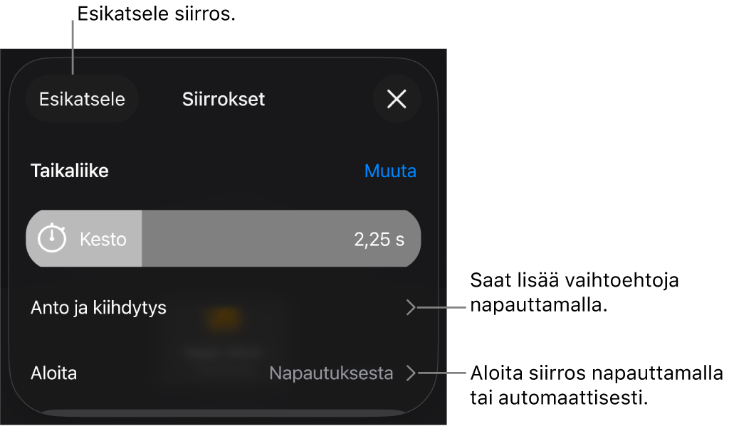 Siirrokset-osion Taikaliike-säätimet.