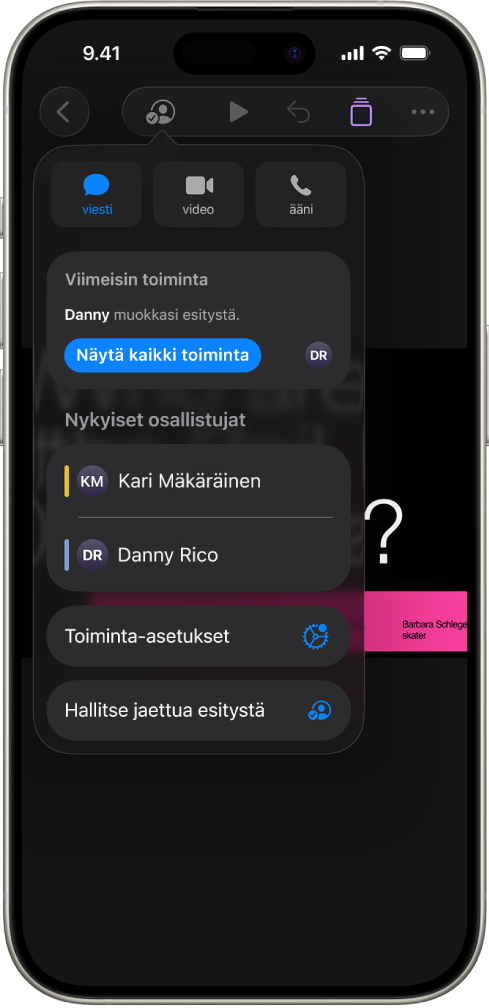Yhteistyö-valikko, jossa on näkyvissä esityksen parissa yhteistyötä tekevien ihmisten nimet.