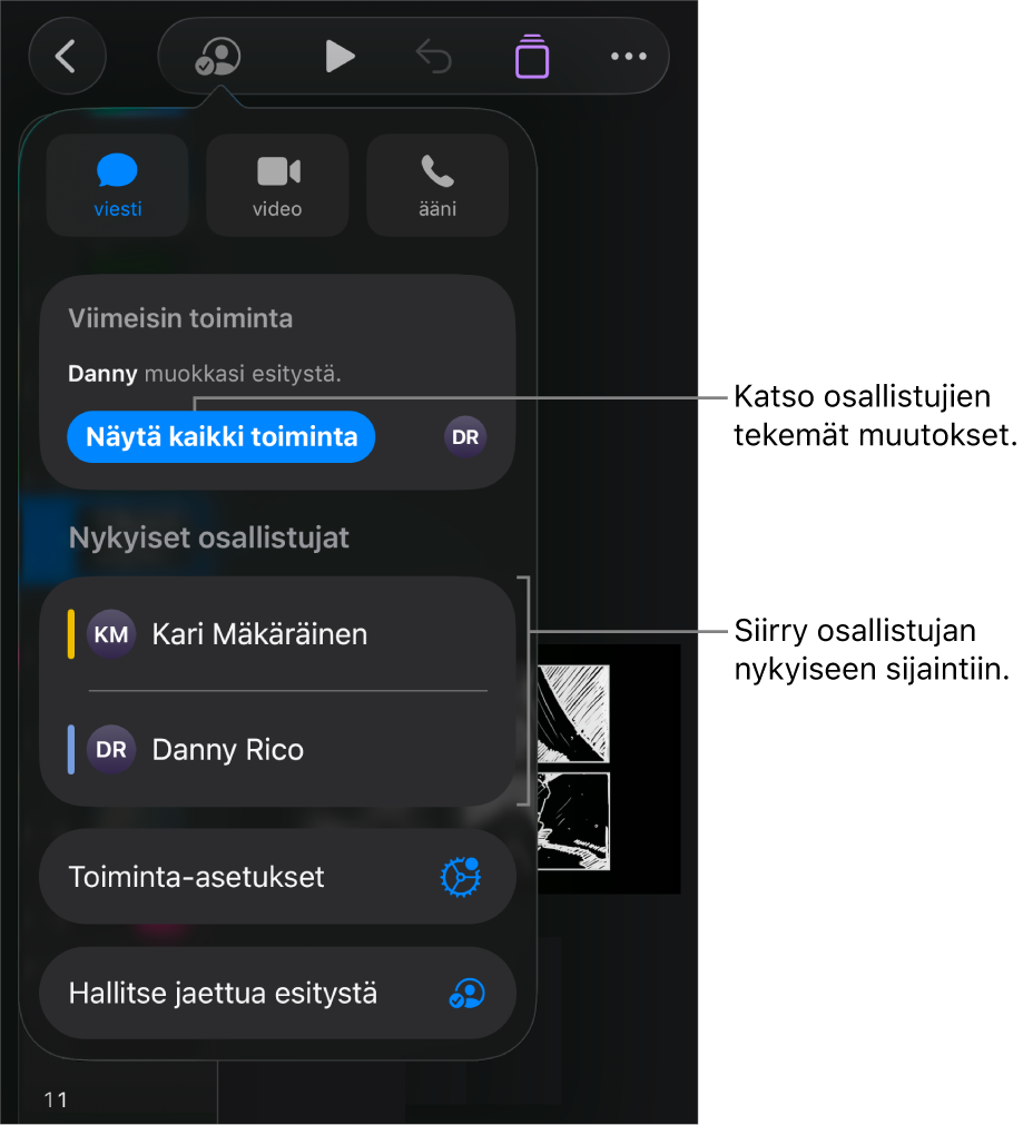 Yhteistyövalikko, jonka luettelossa on nykyiset osallistujat.