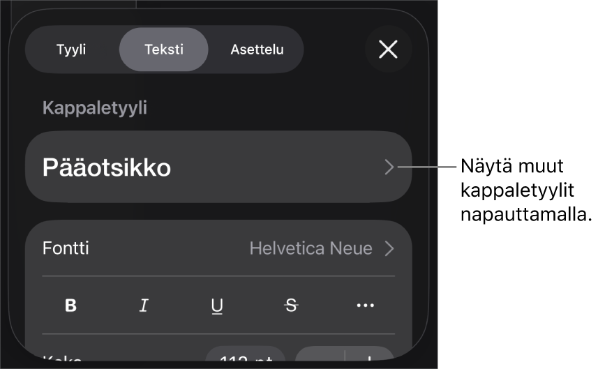 Muoto-valikko, jossa on tekstisäätimet kappale- ja merkkityylien, fontin, koon ja värin valitsemista varten.