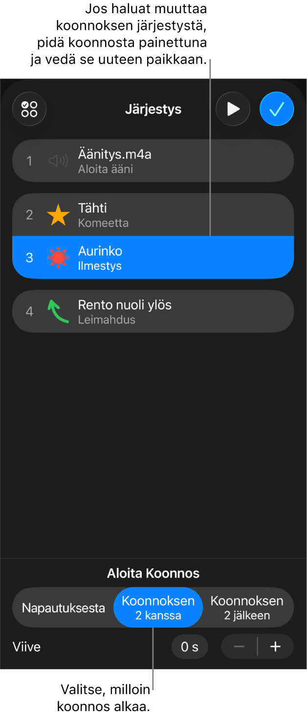 Koonnoksen järjestys -luettelo, jossa aloitustehosteissa on keltaisia merkkejä ja lopetustehosteissa harmaita merkkejä.