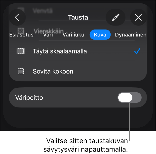 Tausta-säätimet, joissa kuva on asetettu dian taustaksi, ja Värin täyttö -säädin näkyy alareunassa.