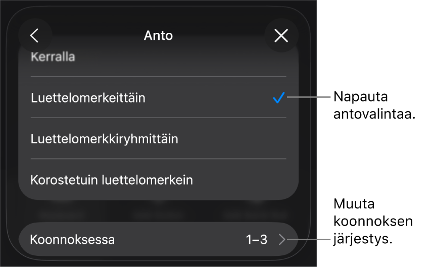 Antovalinnat Aloitus-osiossa.