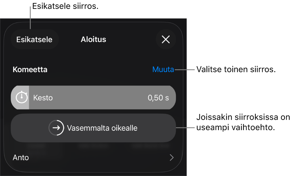 Valinnat-osion säätimet siirroksen muokkaamista varten.
