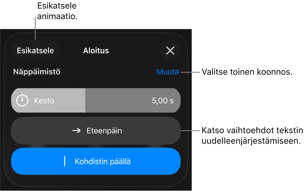 Aloitusvalintoihin sisältyy Kesto, Tekstin animointi ja Anto. Valitse toinen koonnos napauttamalla Muuta tai esikatsele koonnosta napauttamalla Esikatsele.