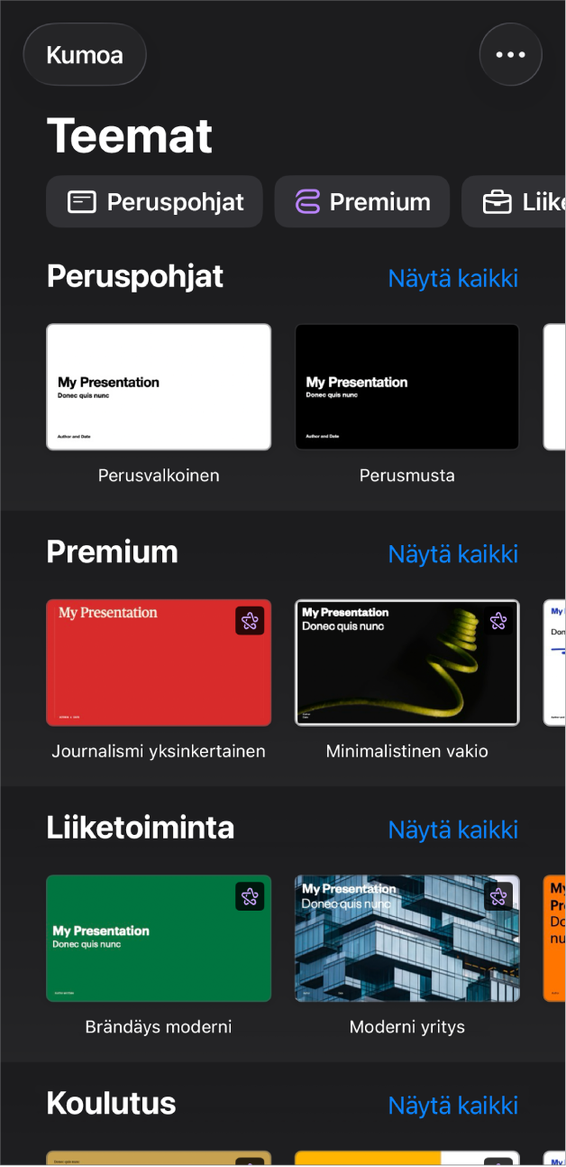 Teemanvalitsin, jonka yläreunassa näkyy kategorioiden rivi, jota napauttamalla voidaan suodattaa vaihtoehtoja. Alla on esimääritettyjen teemojen miniatyyreja, jotka on järjestetty riveihin kategorian mukaan.
