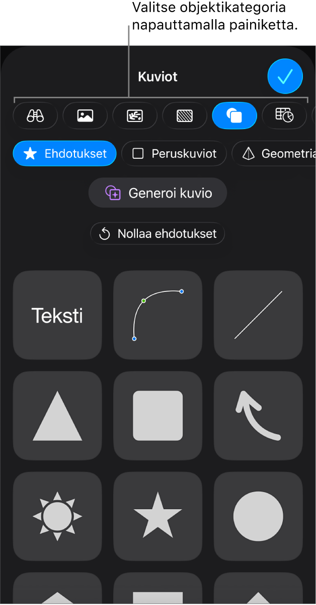 Objektin lisäämisen säätimet, joiden yläreunassa on painikkeita taulukoiden, kaavioiden, kuvioiden (mukaan lukien viivojen ja tekstilaatikoiden) ja median valitsemiseen.