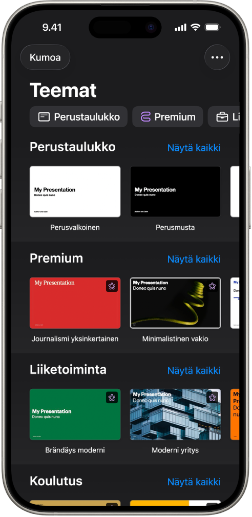 Teemanvalitsin, jonka yläreunassa näkyy kategorioiden rivi, jota napauttamalla voidaan suodattaa vaihtoehtoja. Alla on esimääritettyjen teemojen miniatyyreja, jotka on järjestetty riveihin kategorian mukaan.