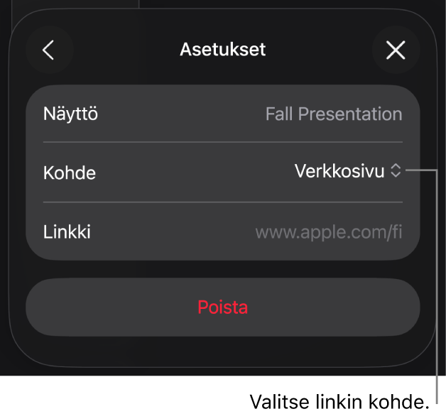 Linkkiasetukset-säätimet, joissa on valittuna Verkkosivu ja alhaalla on painike Poista.